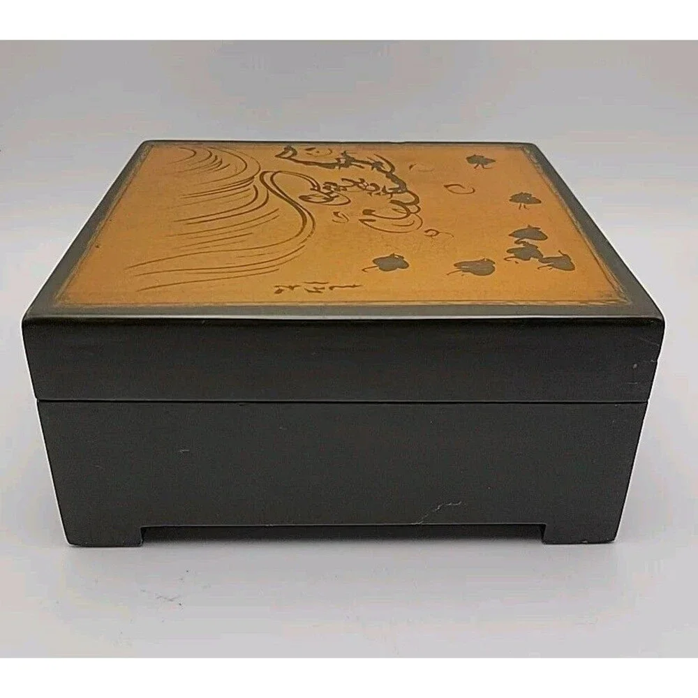 Vtg Hand Painted Wooden Hinged Jewelry Trinket Box ~ Abstract ~ Unique ~ Read